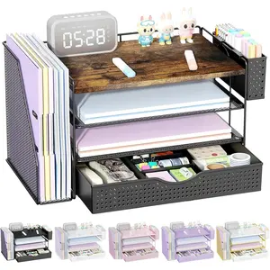 4-Tier Wood Desk Organizers and Accessories with File Holder, Drawer and Pen Holder, Desk Reference Workspace Organizer (Wood, 4T with Drawer)