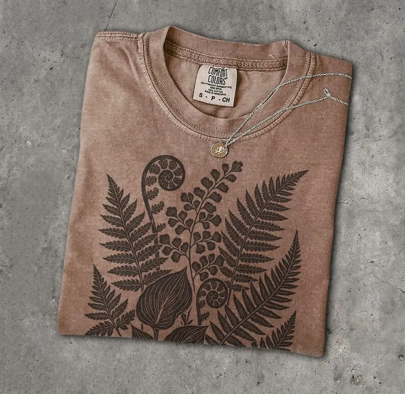 Comfort Colors Linocut Ferns T-Shirt, Vintage Leaves Graphic Tee, Forestcore Nature TShirt, Minimalist Plant Lover Gift