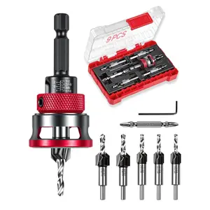 9PCS Countersink Drill Bit Set with 5PCS Tapered Drill Bits, Adjustable Depth Stop Collar, 1/4" Hex Shank Wood Countersink Bits, 82° Angle for Wood, Plywood, MDF, DIY Carpentry, Woodworking Tools Kit