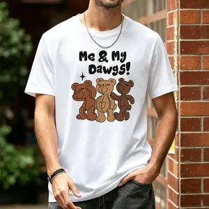 Men’s oversized soft cotton crew neck short sleeve T-shirt, “Me & My Dawgs” three-stitched brown bears graphic tee, retro cute animal casual everyday streetwear top gift for men