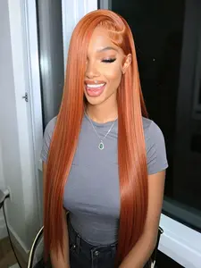 32" Burnt Copper Ginger Straight Lace Front HD Frontal Wig Heat-Resistant Synthetic Hair 13x4 HD Transparent Lace Pre-Plucked Natural Hairline Free Part Daily Glam & Party Wear