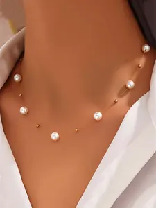 Elegant Minimalist Faux Pearl Necklace with Metal Ball Pendant, Summer Fashion Accessory, Cold Style Jewelry for Women, Charms Necklace