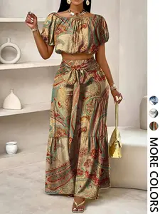 Women's Summer Paisley Print Vintage Vacation Two-Piece Set, Off-Shoulder Bubble Sleeve Crop Top + High Waist Drawstring Wide Leg Pants