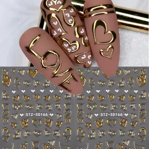 Golden Heart Jelly Nail Stickers, 5D Love Mirror Powder Golden Hollow Heart Nail Decals, DIY Manicure Decoration Nail Accessories Nail Supplies
