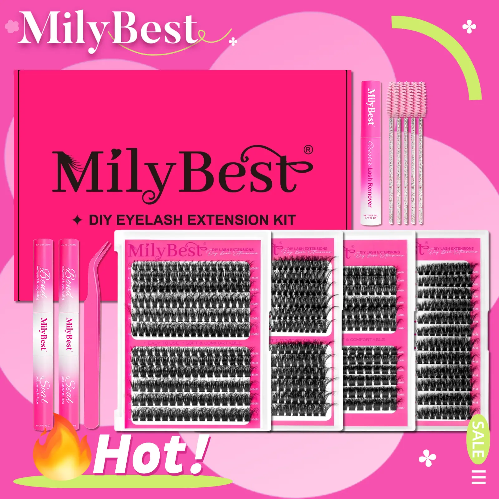 MilyBest 4 Styles Lash Clusters Kit, 864 Pcs D Curl Volume Lashes | Wispy bulk individual eyelash extensions with 2 bond and seal glue for DIY variety lash maps and salon-style looks