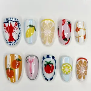 A34 Mediterranean Summer Press-On Nails, Lobster Lemon Tomato and Chili Design, Colorful Fruit Mix with Glossy Finish, Playful Vacation Style, Beach Nails, Gift for Her