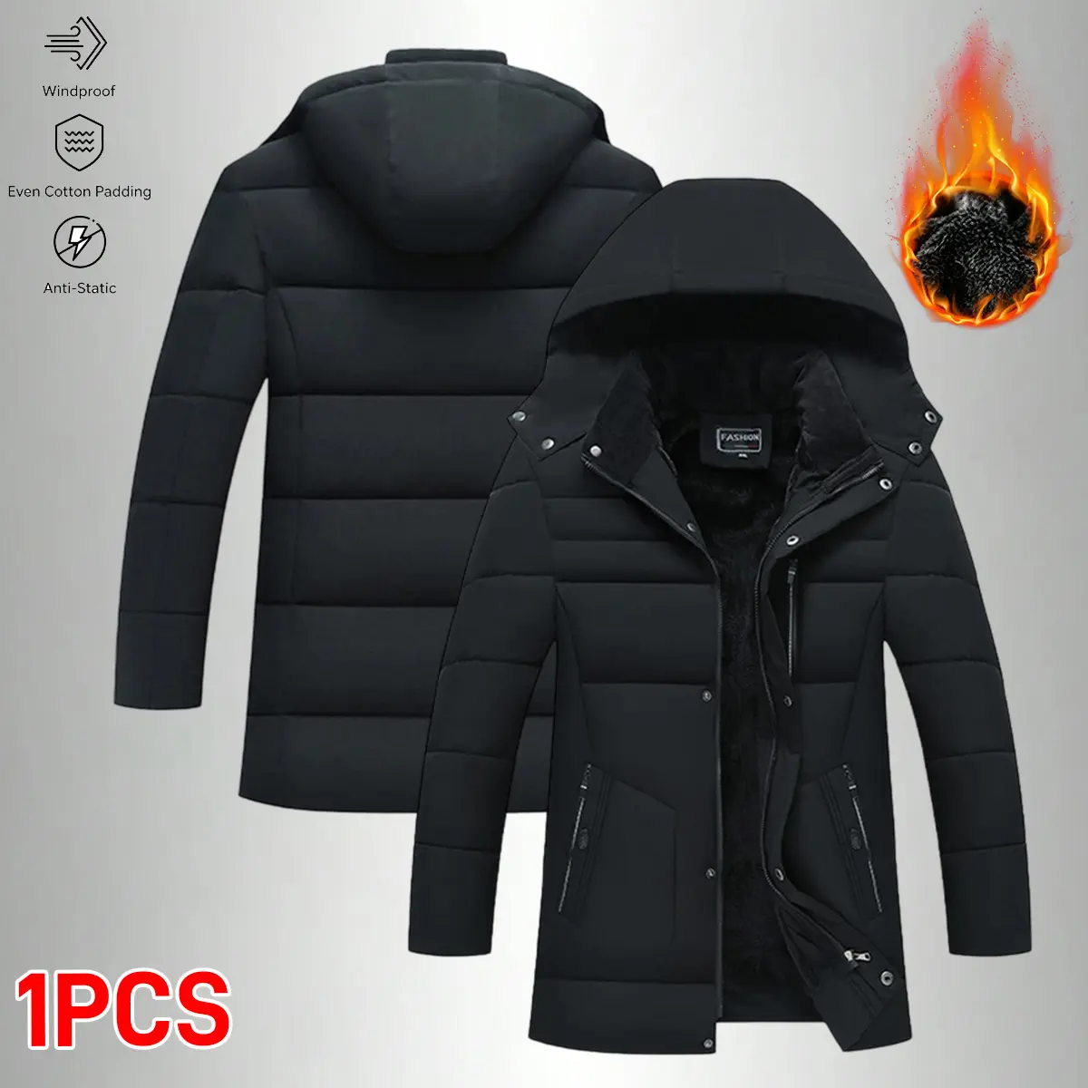 Men's Mid-Length Padded Casual Fashionable Jacket - Menswear Tops, Longsleeves, Detachable Hood, Windproof, Winter Warm-Lined, Plain Polyester, Pull-On, Lightweight Daily Outerwear