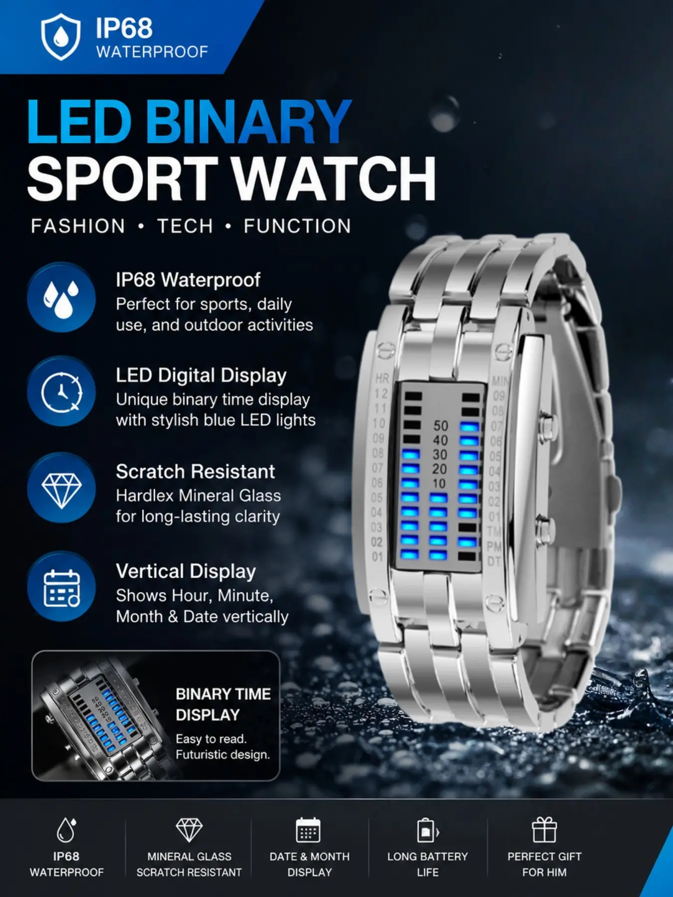 Binary LED Couple Watches: Digital watches, fashionable watch, fashion watches, futuristic, unisex timepieces with blue backlighting, water-resistant materials, and a unique, stylish design—the perfect gift for couples