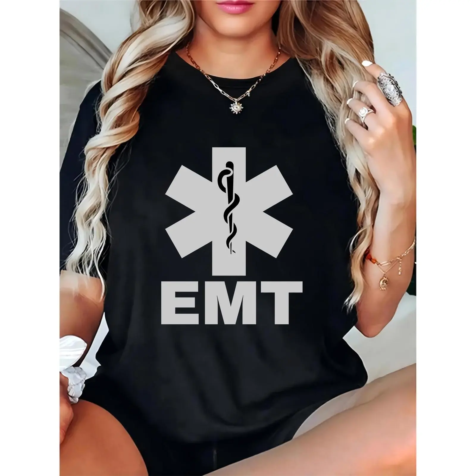 Women's Black EMT T - Shirt with Star of Life & Caduceus Graphic, Casual Work Daily Wear for Emergency Medical Technicians, Medical Staff & Healthcare Workers