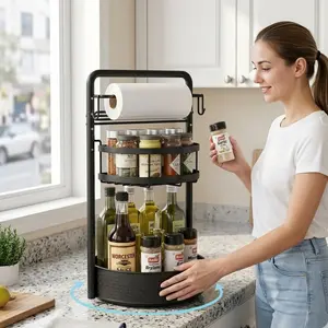 2-Tier Metal Kitchen Organizer - 360-Degree Rotatable Lazy Susan Turntable with Paper Towel Holder, Spice Jar & Condiment Storage, Cabinet & Countertop Use, Dish Drying Function, Home Organization Gadget