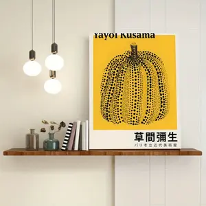 A Yayoi Kusama Polka Dot Pumpkin Canvas Art Print - Official Style Framed Poster with Bright Yellow Background, Minimalist Japanese Contemporary Decoration, Suitable for Living Room, Office, Gallery - Modern Abstract Wall Decoration, Oil Painting Wall Dec