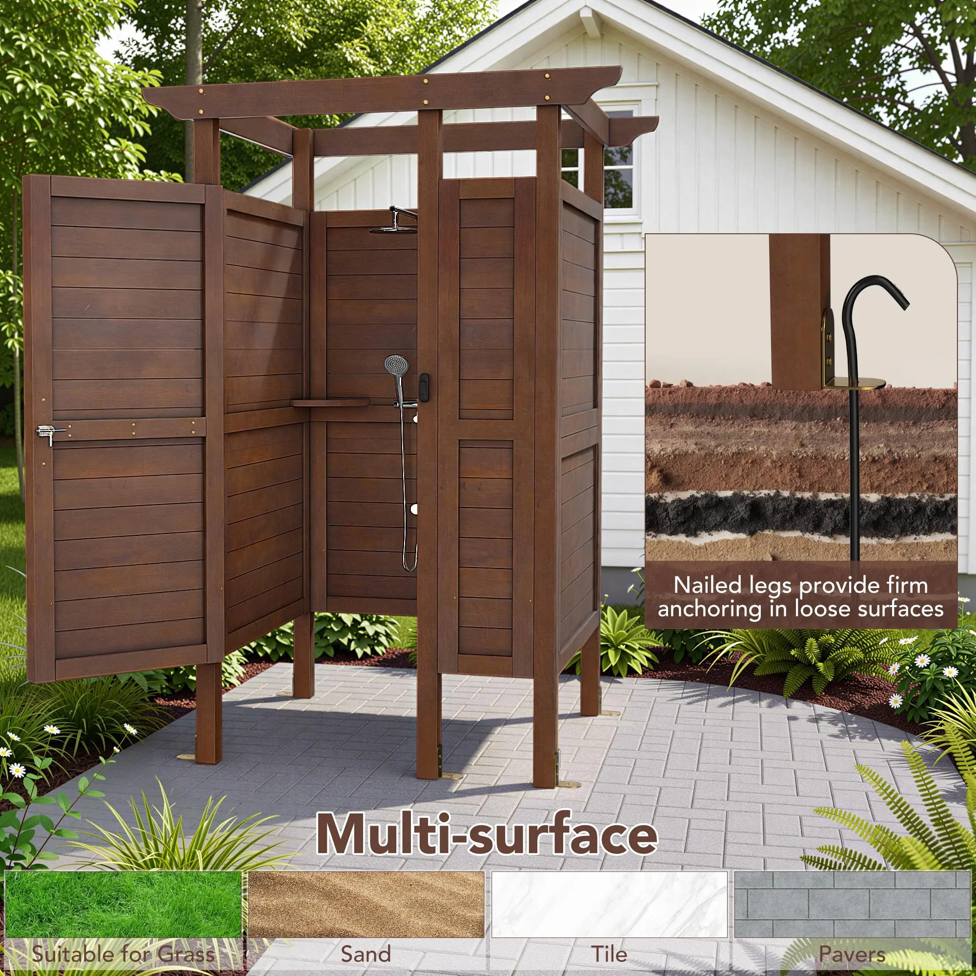 Dragosum Solid Natural Wood Outdoor Shower Enclosure - 82.7 Inches Tall Privacy Shower Stall with Built-In Shelves, Lockable Door, Weatherproof Design, Assembly Required for Poolside, Backyard