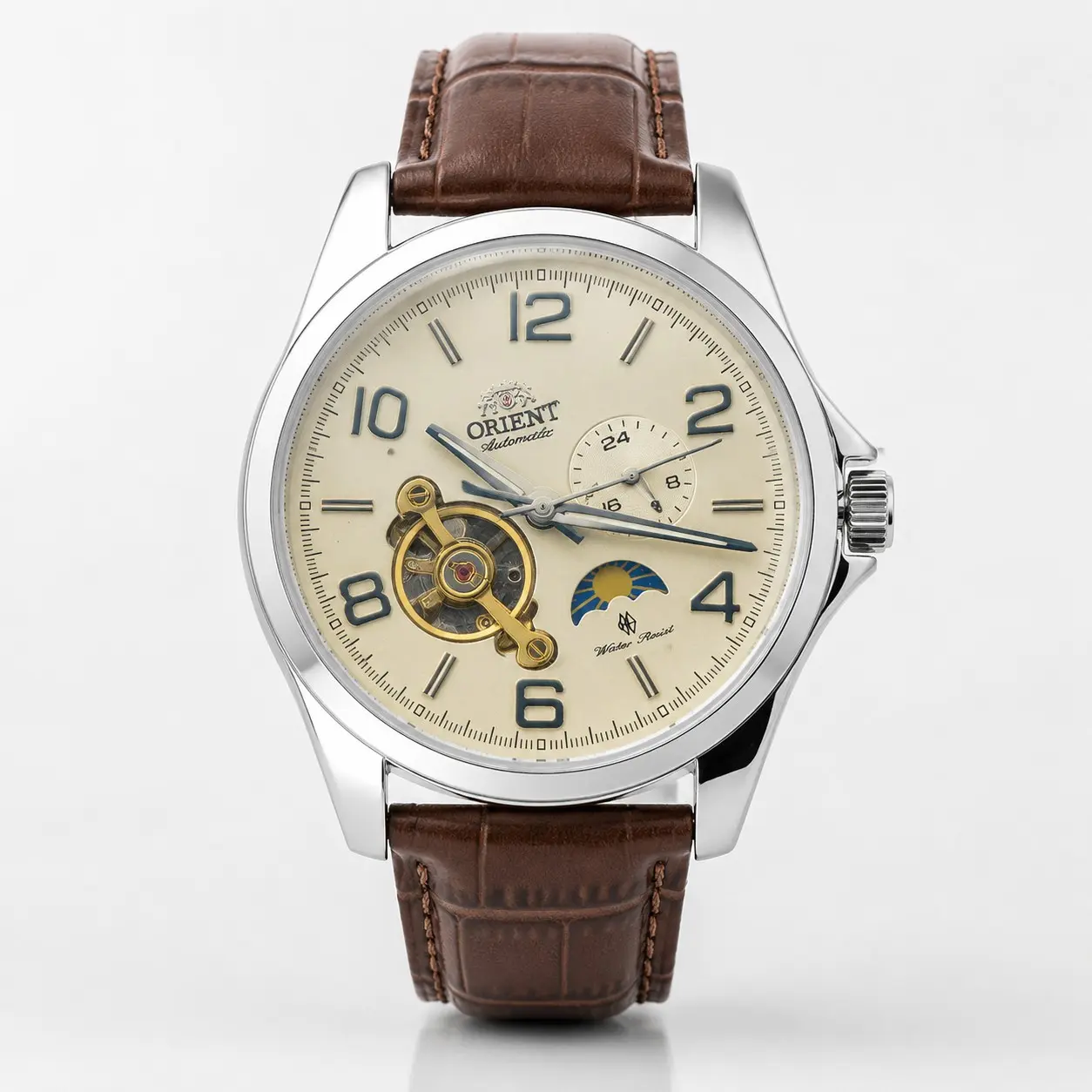 Orient Men Automatic Mechanical Watch Half Skeleton Open Heart Dial Moon Phase & 24 Hours Subdial Brown Crocodile Grain Leather Strap Waterproof Retro Business Casual Wristwatch Luxury Collectible Birthday Anniversary Gift For Gentlemen
