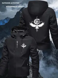 Men's Casual Black Hooded Windbreaker Jacket, Streamline Performance Jacket, Outerwear, Lightweight Motorcycle Riding Jacket with Zip Closure, Angel Wing & Compass Trend Print, Waterproof Fabric, Functional Zip Pockets, Outdoor Jacket