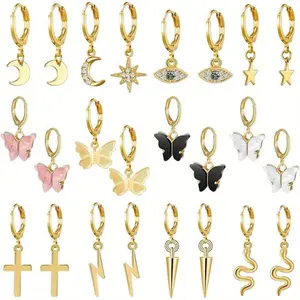 12 Pairs Small Butterfly Star Hoop Earrings Set for Women Girls Mini Huggie Hoop Earrings with Dangle Charms