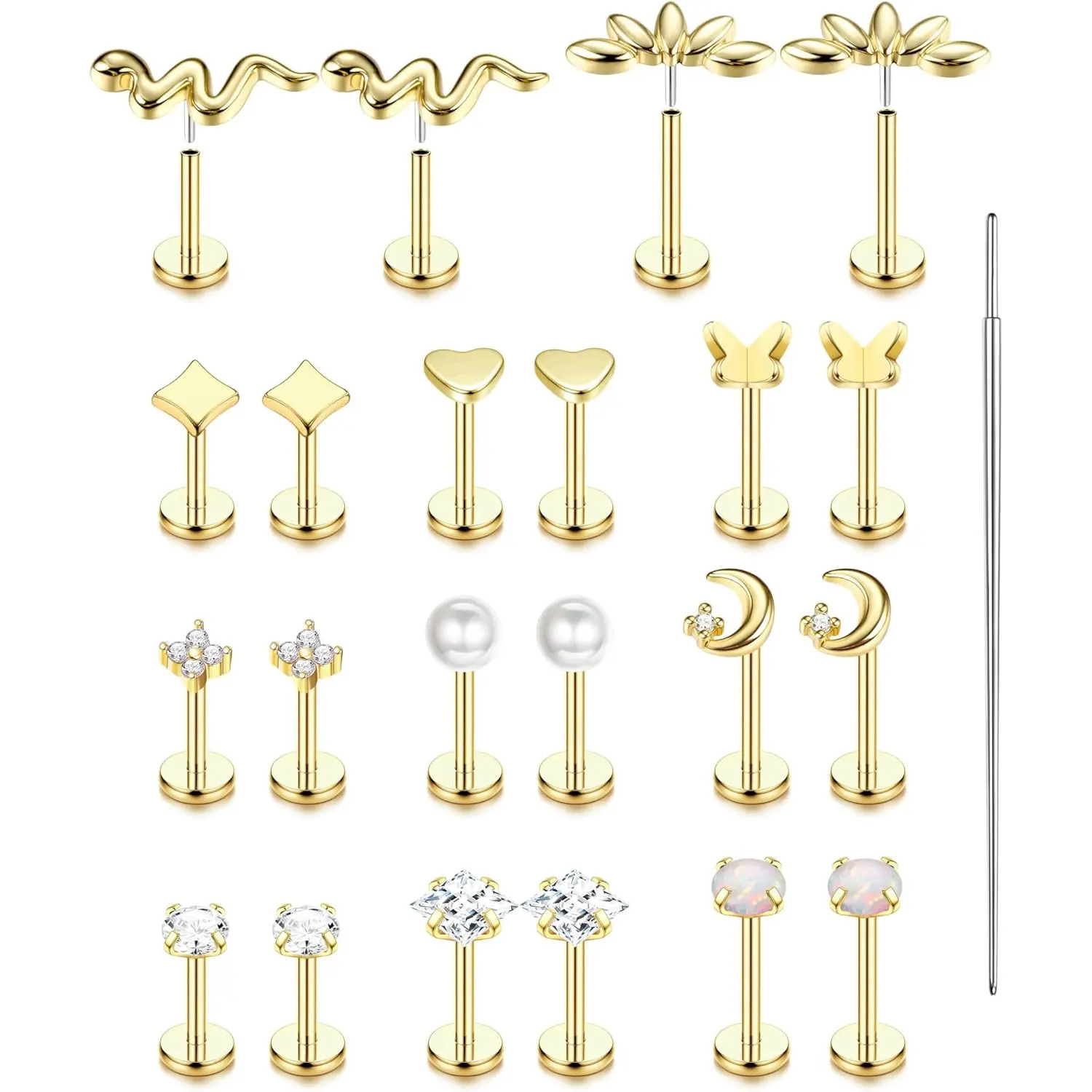 11 Pairs 20G-16G Threadless Flat Back Earrings - 316L Surgical Stainless Steel Push-in Cubic Zirconia Studs, Hypoallergenic Allergy-Free Helix Stud Piercing Jewelry (3-10mm,6mm,7mm) for Body Piercings, Nose Piercing, Female