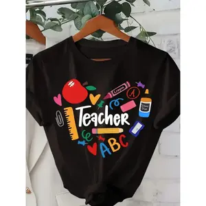 [Teacher T-shirt] Casual Teacher Print T-shirt | Short Sleeve Crew Neck Top For Summer & Spring | Women's Clothing