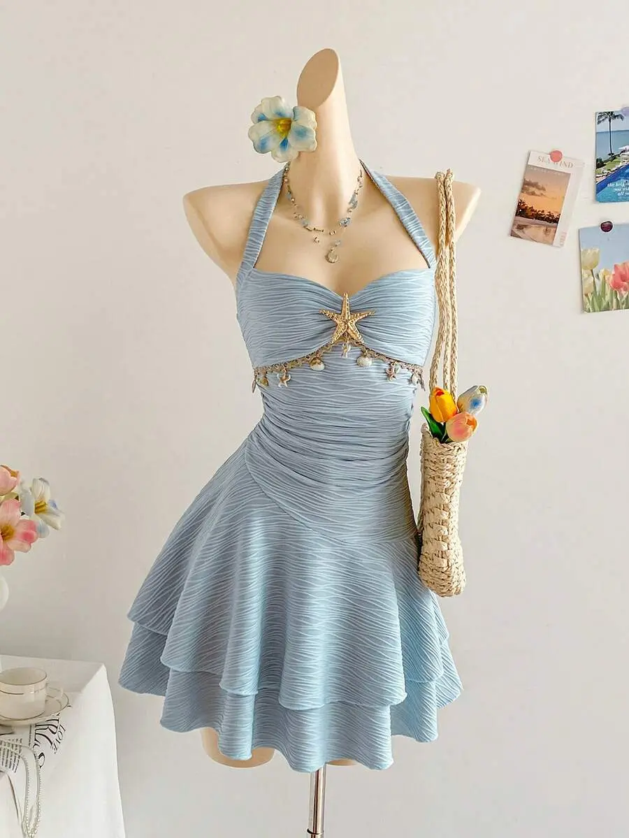 Light Blue,Summer,Tropical,Holiday,Vacation,Holiday Starfish Shell Decor Halter Tie Ruffle V-Neck Floral Metal Buckle Knit Bodycon Mini Dress Women