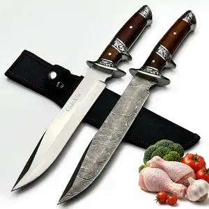 Wood-handled kitchen knife with patterned blade and protective sheath, suitable for meat cutting, food preparation, barbecue and home cooking