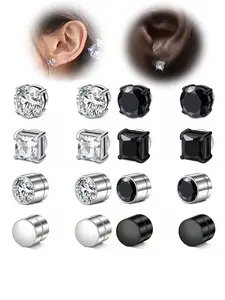 1pair Funky Stainless Steel Cubic Zirconia Ear Cuff For Men For Daily Decoration, Casual Clip On Ear Non Piercing Ear Studs Fake Earrings Studs Sliver Black Earrings Studs Fake Piercing Body Jewelry For Men Women, Magnetic Earrings
