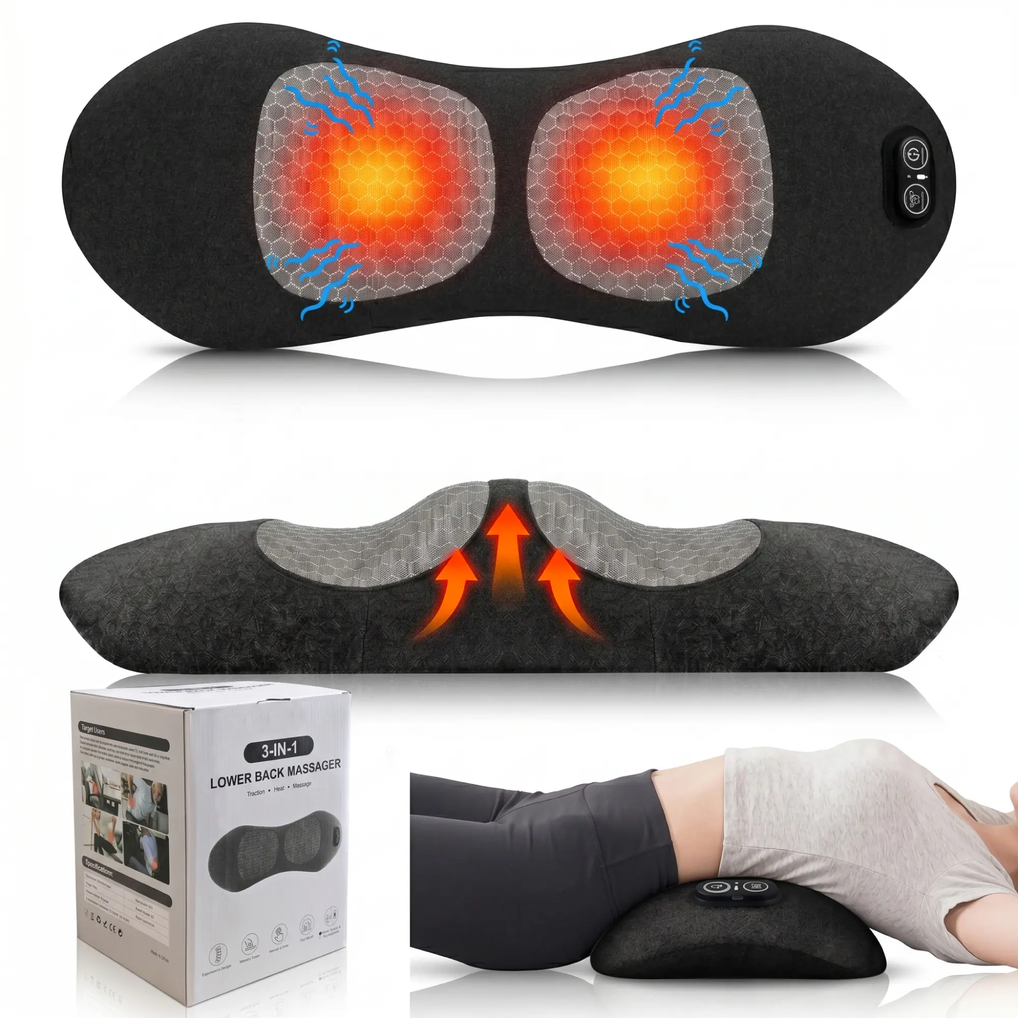 Rechargeable 3-in-1 Lumbar Massage Pillow with Heat, Vibration & Traction for Lower Back Pain Relief, Ergonomic Support Cushion for Car, Office, Bed & Home