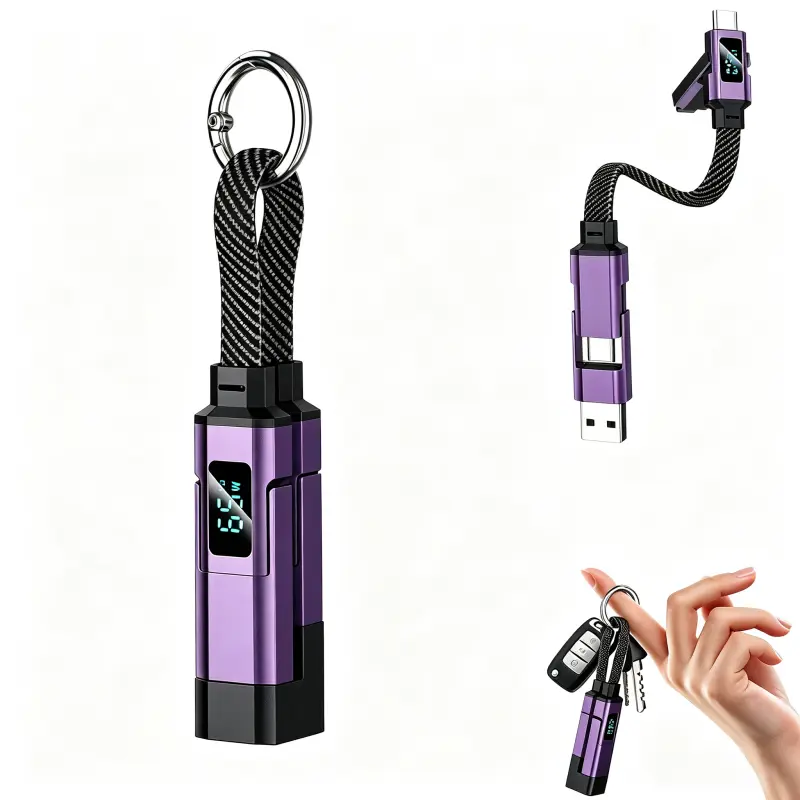 4-in-1 Mini Charging Cable Keychain with Digital Display – Fast-Charging, Kink-Resistant & Compact, Keychain USB C Cable Short Multi-Interface Braideds Fast Charging Lanyard Cord for Laptop Phone (Black/Blue/Purple)