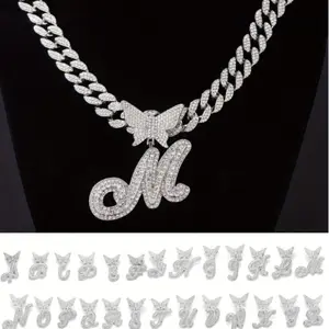 Shiny Butterfly 26 English Letter Pendant Necklace with Chilled Chain for Men and Women - Hip Hop Initials Jewelry Gift