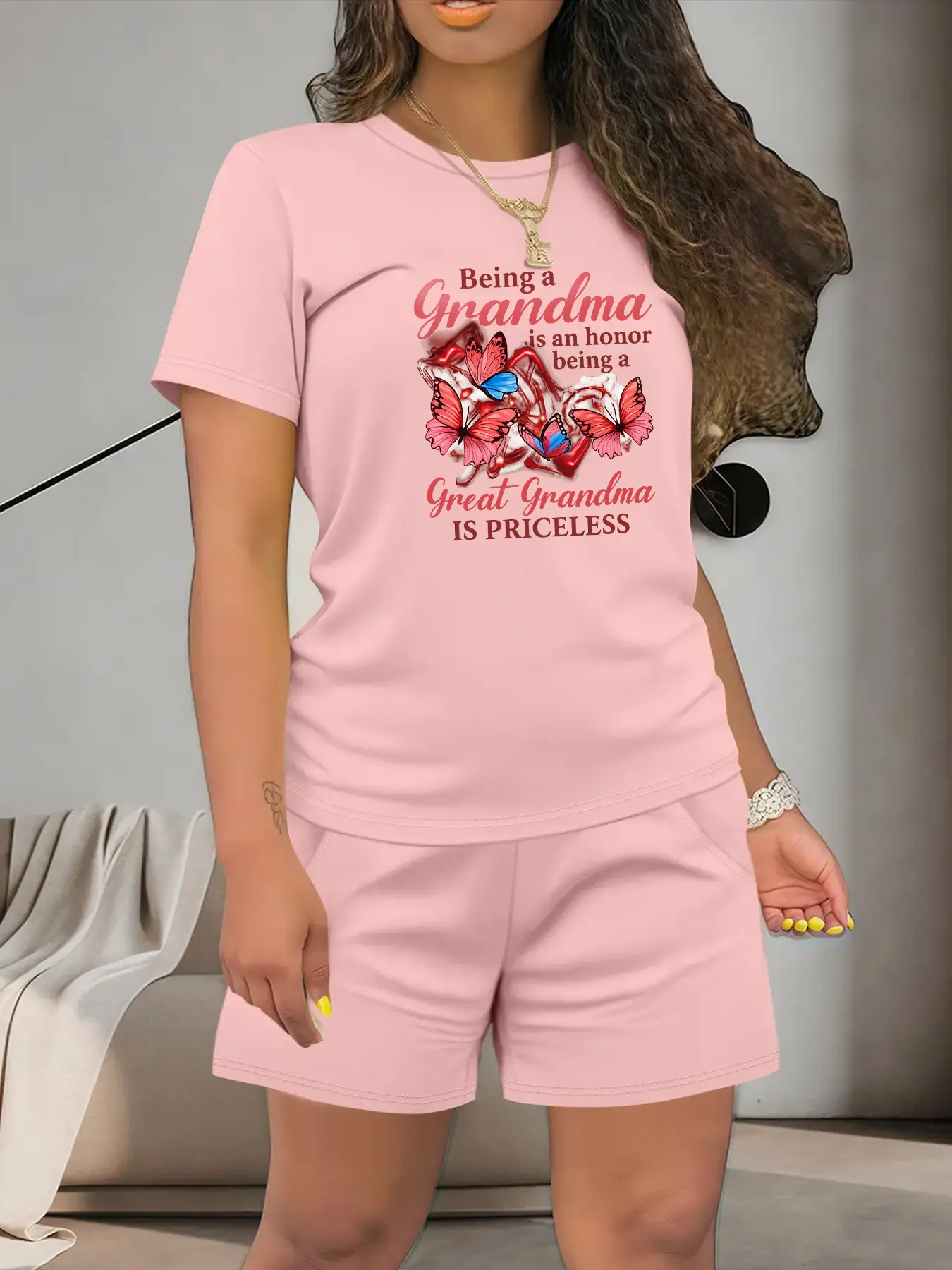 Women's Summer Casual Round Neck Short Sleeve 2 Piece Shorts Set, Shorts Outfit Set, Summer Beach Set, Butterfly & Letter Print, Fitted Thin Lightweight Fabric, All Seasons Wear, Womenswear