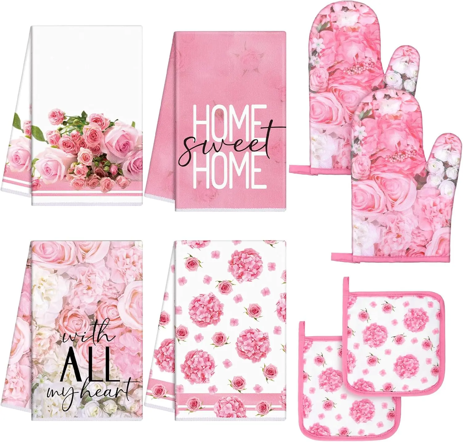 8 Pcs Pink Rose Kitchen Towels Dishcloths Oven Mitts Pot Holders Absorbent Gloves Heat Resistant for Chef Baking Cooking Essential Kitchen Gear Set - Bakeware