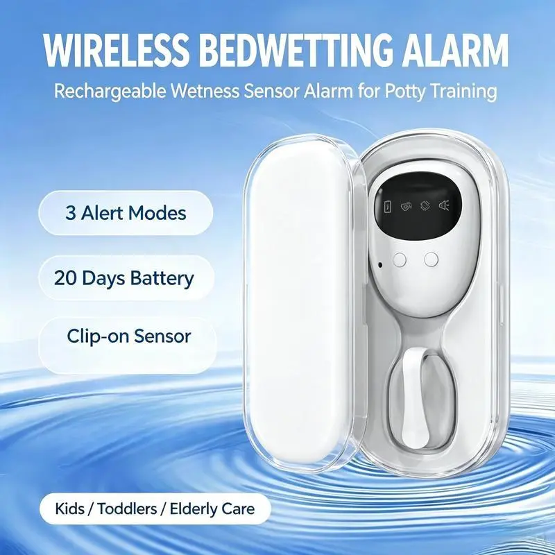 Wireless Bedwetting Alarm for Kids Toddlers, Rechargeable Infant Wetness Sensor Alarm with Clip-on Design, 3 Alert Modes, 20 Days Battery Life, Potty Training Aid for Children Elderly Bedridden Caregivers