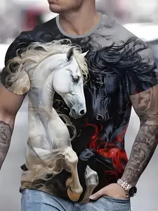 Men's 3D black and white horse print round neck short-sleeved Fitted T-shirt, summer Streetwear style simple casual sports polyester breathable top.