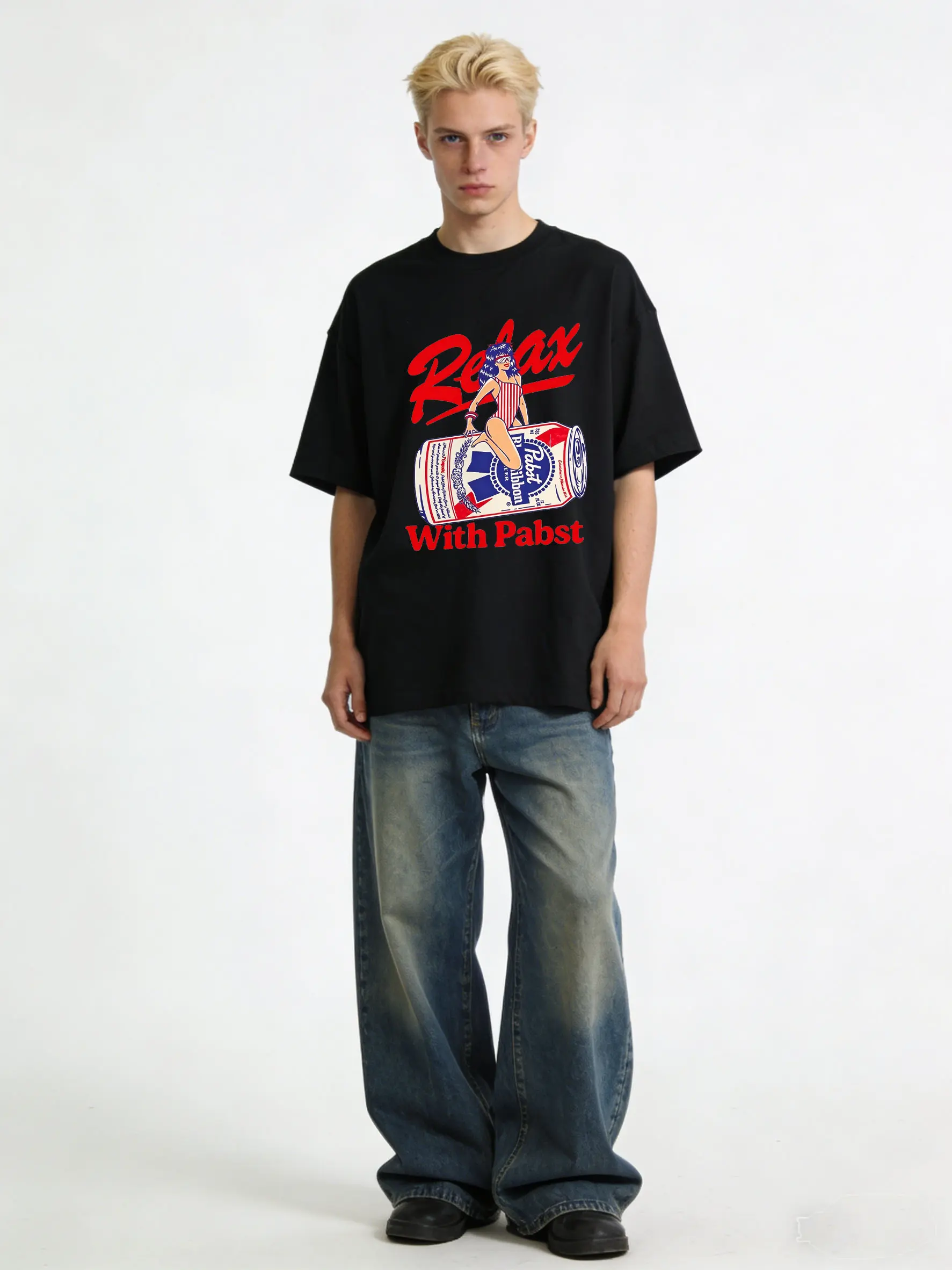 Men's Vintage Pabst Blue Ribbon "Relax With Pabst" Graphic Tshirt - Oversized White Cotton, Baggy, Soft, Round Neck, Loose Basic Breathable Fabric, Classic Rockabilly Aesthetic Casual Streetwear Top