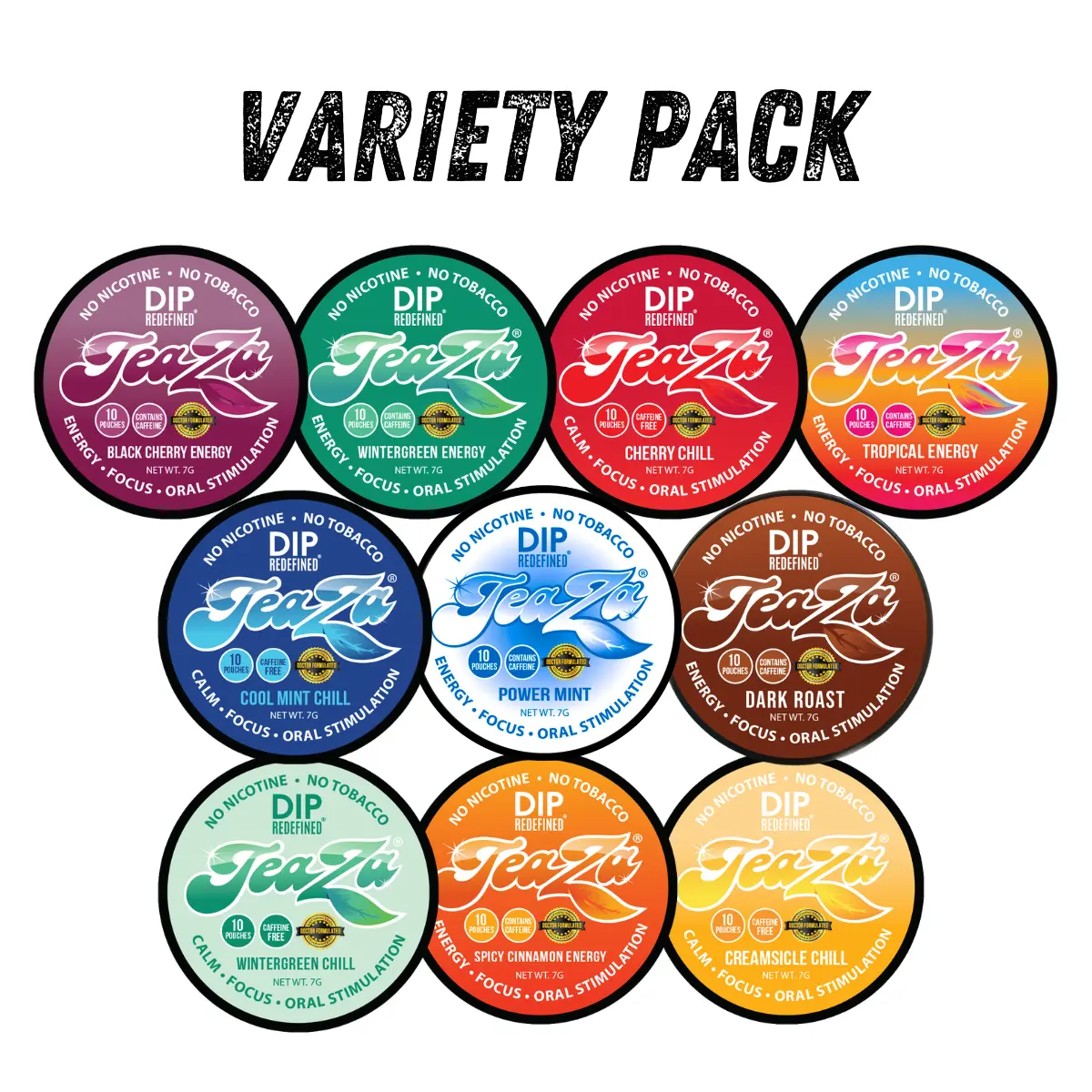 TeaZa Energy Pouches - Variety Pack - 10 Flavors, Herbal Tea, B Vitamins, Mint, Fruity & Spicy Flavors, Caffeine Energy Pouches Beverage