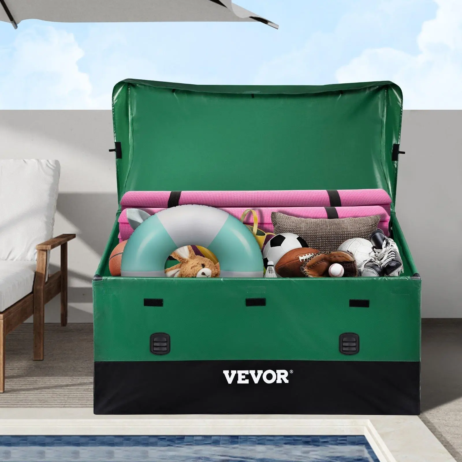 【Fallpicks】VEVOR Outdoor Storage Box (100/150/230 Gal) - Waterproof PE Tarpaulin Deck Box with Galvanized Frame, All-Weather Protection, Portable Storage Containers Organizer for Garden, Poolside, Black & Green,techvibes