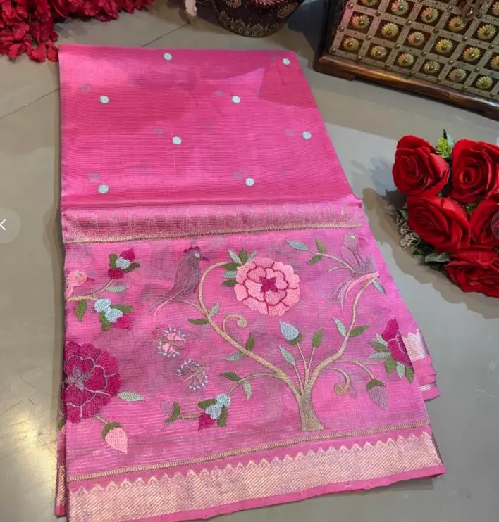Pink Pure Mangalagiri Pattu Saree with Embroidery