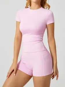 Women's Solid Round Neck Tee & High Waist Leggings Tracksuit Set, Sporty Comfy Dry-Quick Short Sleeve T-Shirt & Skinny Pants For Yoga Gym Workout, Summer Back to School Sportswear