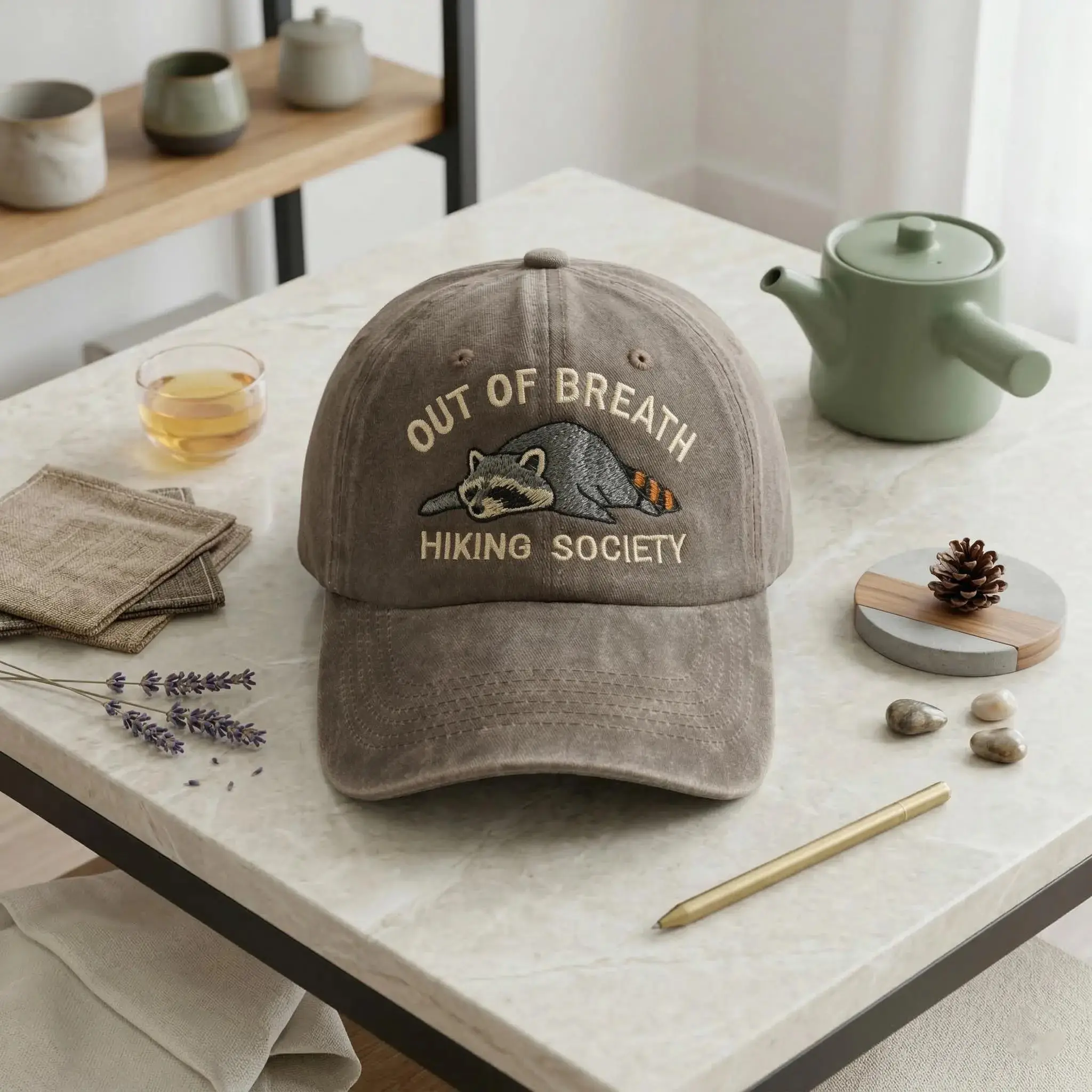 Out Of Breath Hiking Society Embroidered Raccoon Dad Cap - Funny Washed Outdoor Hat, Cute Tired Raccoon Themed Gift for Hikers