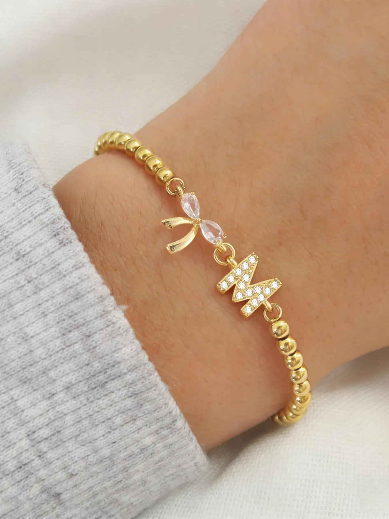 Women's Zirconia Initial Bow Bracelet, Beaded Adjustable Chain, Fashionable Bracelet, Casual Style Jewelry for All Seasons, Adjustable Bracelets