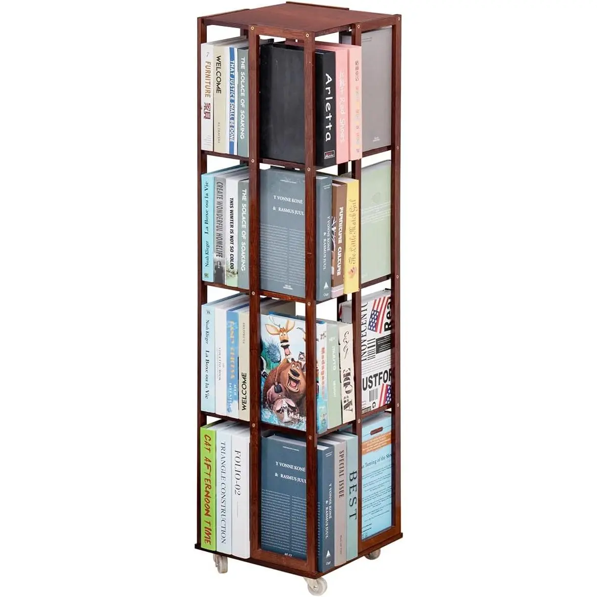 5-Tier Rolling Bookcase with Wheels - Commercial Office Furniture, 360° Rotating Durable Freestanding Storage Organizer, 13in L x 13in W x 49.6in H, Synthetic Build, Includes Parts for Bedroom/Office Use