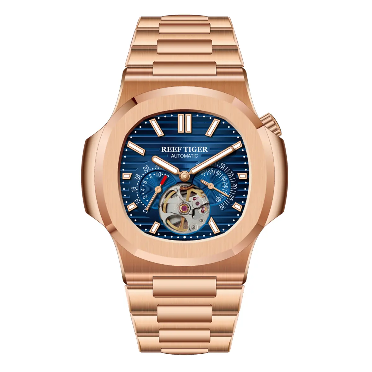 Reef Tiger Men's Automatic Skeleton Watch, 44mm Square Business Dress Wristwatch with Stainless Steel Case, Sapphire Crystal, Luminous Hands, 50M Water Resistant, Stainless Steel Jewelry