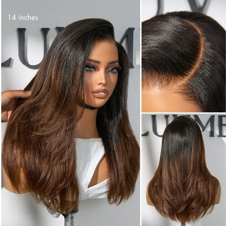 LUVME All-Day Comfort™ Ombre Brown Layered Yaki Straight Glueless Wig 7x6 Closure Pre-Cut HD Lace Human Hair Long Wig, Hd Lace Wigs, Wigs