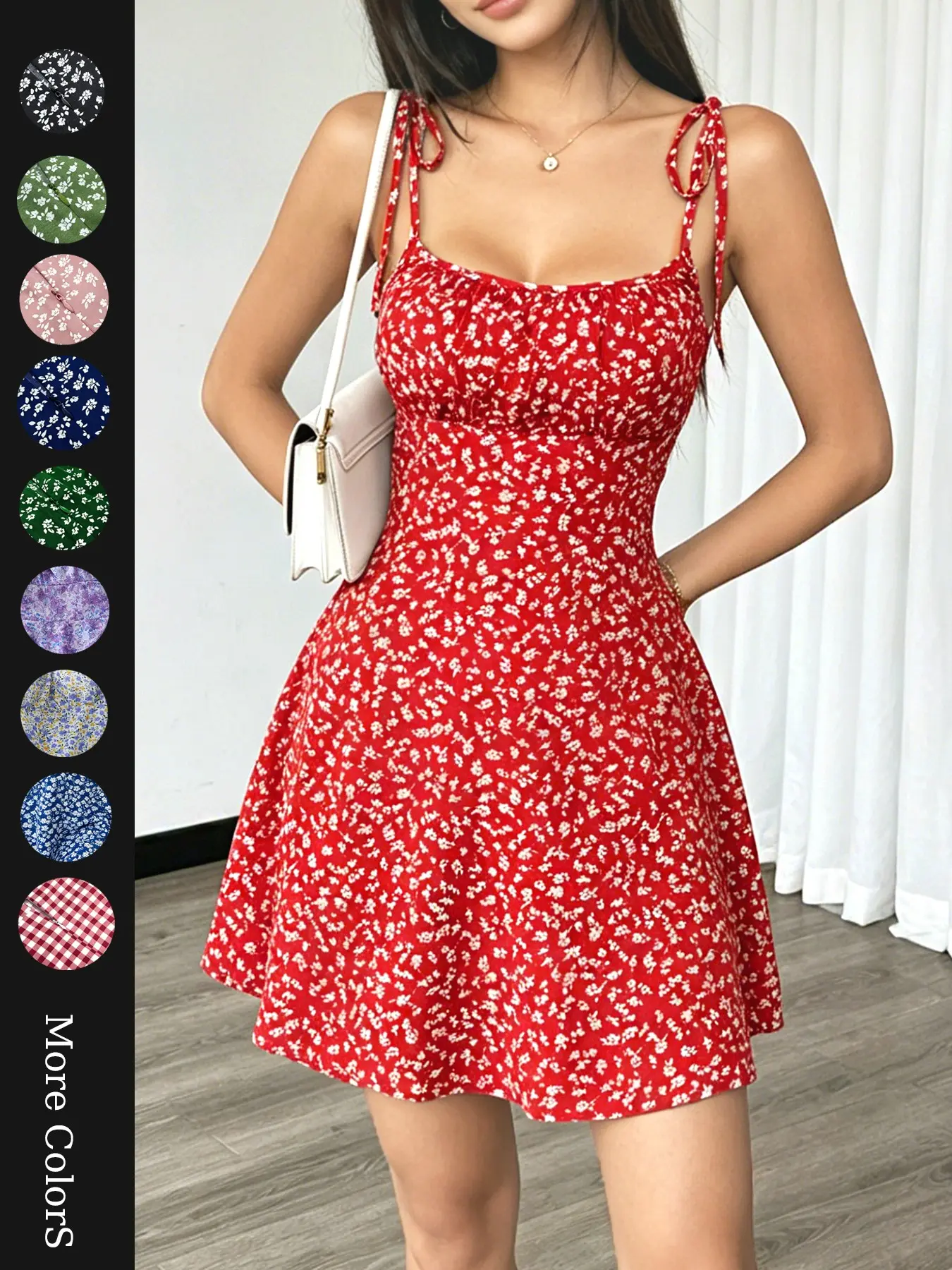 Summer Romantic Vacation Date, Ditsy Floral Tie Waist Slim Fit Short Dress, Perfect for Outdoor Activities, Stylish and Comfortable Design