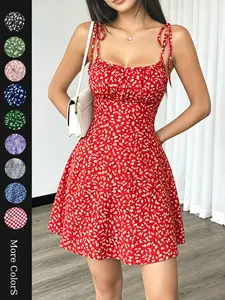 Summer Romantic Vacation Date, Floral Tie Waist Slim Fit Short Dress, Perfect for Outdoor Activities, Stylish and Comfortable Design