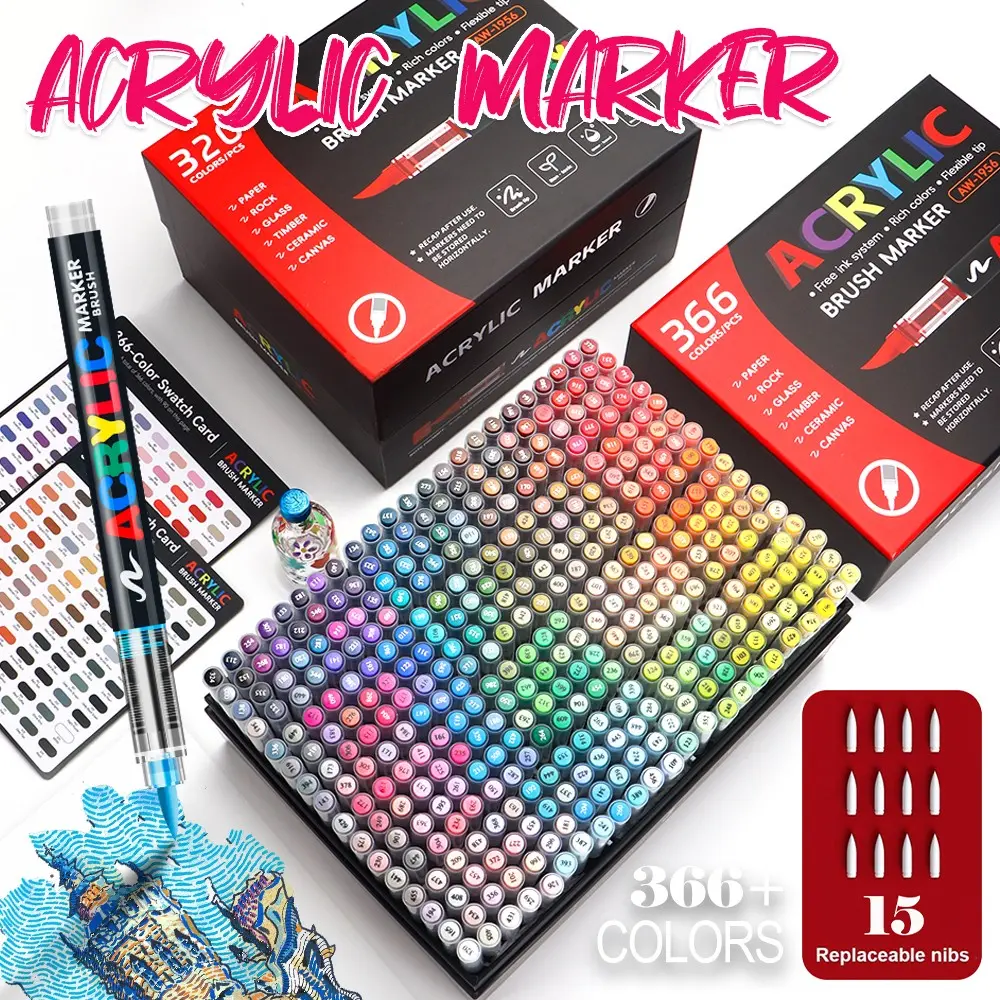Aw-1956 Soft Tip Acrylic Art Markers Set, 320/366 Colors, Replaceable Flexible Nibs, Full Color Coverage, Multi-Material Drawing Tools, Coloring Markers