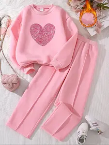 Girls' Heart Print Sweatshirt & Fleece Pants Set, Cute Clothing Set, Casual Fall Winter, Comfortable Woven Fabric, Elastic Waist, 2 Piece Set
