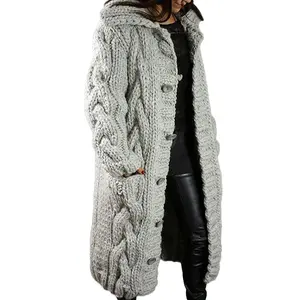 Women's Thick Knit Cardigan with Hood, Large Buttons, Pockets, Super Warm, Winter Essential, Cold Weather Essential, Winter Outing Daily Wear, Fashionable American Style, Cable Knit, Comfortable and Cozy Coat