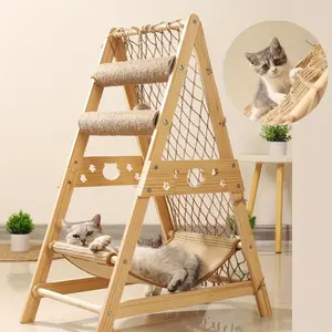 Wooden cat tower, cat tree with 2 scratching posts, summer cat bed with climbing net toy, indoor multi-cat castle tower.