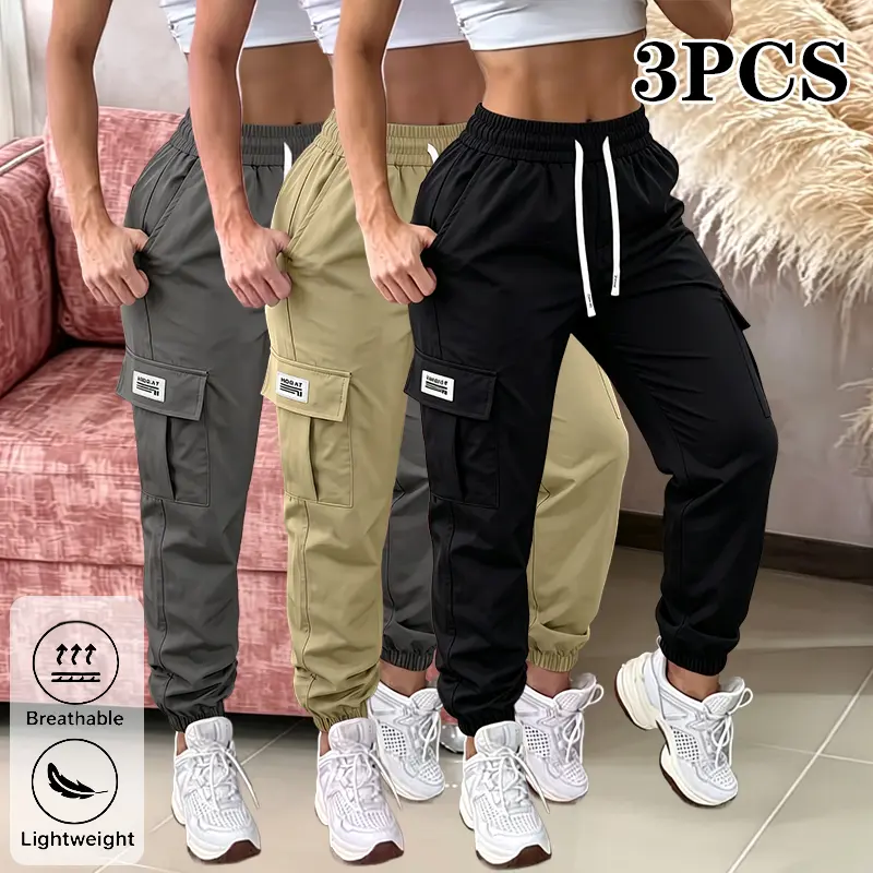 LIFE KEEPS MOVING 3-Pack Women’s Sportswear Cargo Pants – Lightweight, breathable, with a stylish patch pocket design and an elastic drawstring waist; casual outdoor long pants suitable for jogging and everyday wear.