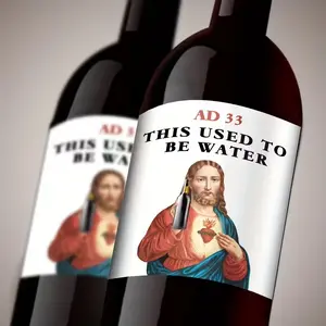Humorous Wine Bottle Labels Set of 4, Religious Design Christ & Cross, Durable Vinyl Stickers, Perfect for Christmas Birthday Gifts