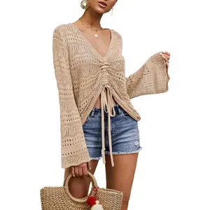 Women's Bohemian off shoulder transparent crop top with bell shaped sleeves and flower sized crochet ruffled edge pullover